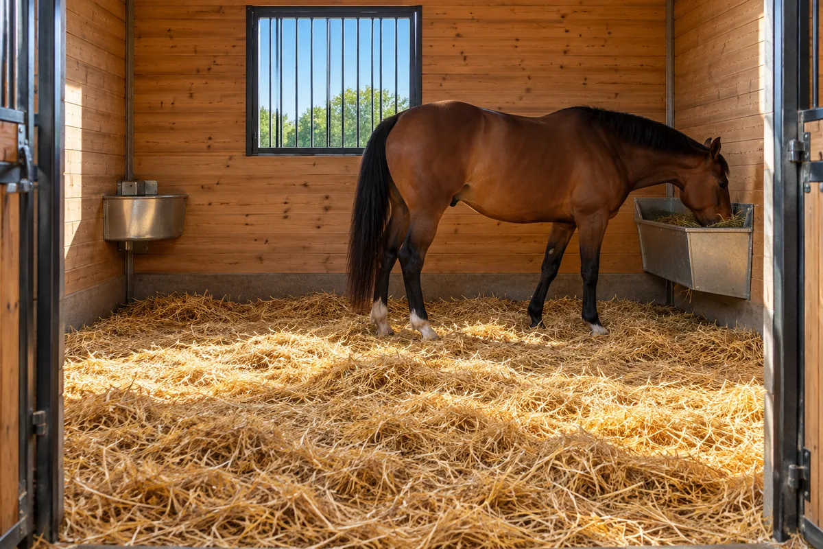Intérieur d’un box à chevaux paillé avec abreuvoir galvanisé, mangeoire d’angle et fenêtre à barreaux