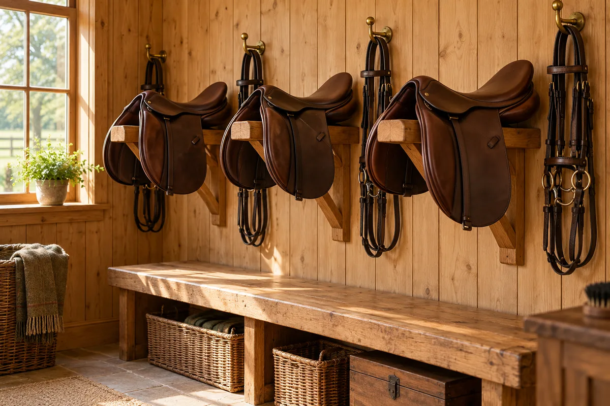 Sellerie rangée avec selles en cuir brun sur porte-selles muraux en bois et filets suspendus