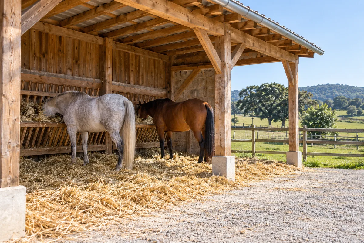 Stabulation paillée ouverte où un cheval gris et un cheval bai brun mangent du foin à un râtelier en bois