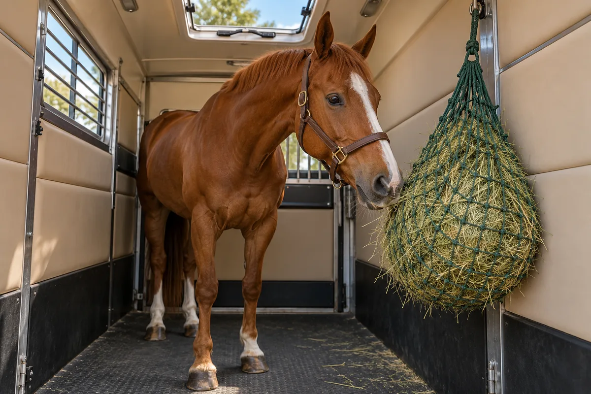 Intérieur d’un van à chevaux avec un cheval alezan calme devant son filet à foin