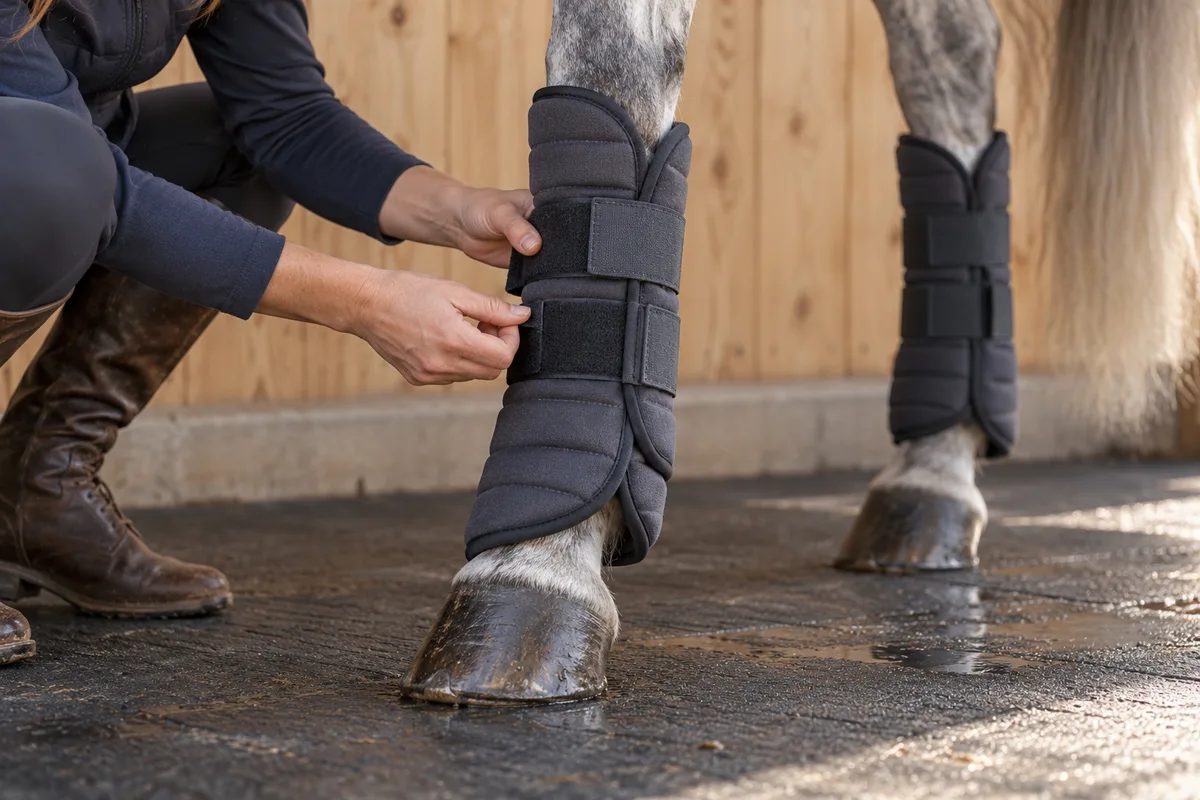 Mains qui ferment une guêtre de transport grise sur l’antérieur d’un cheval gris pommelé