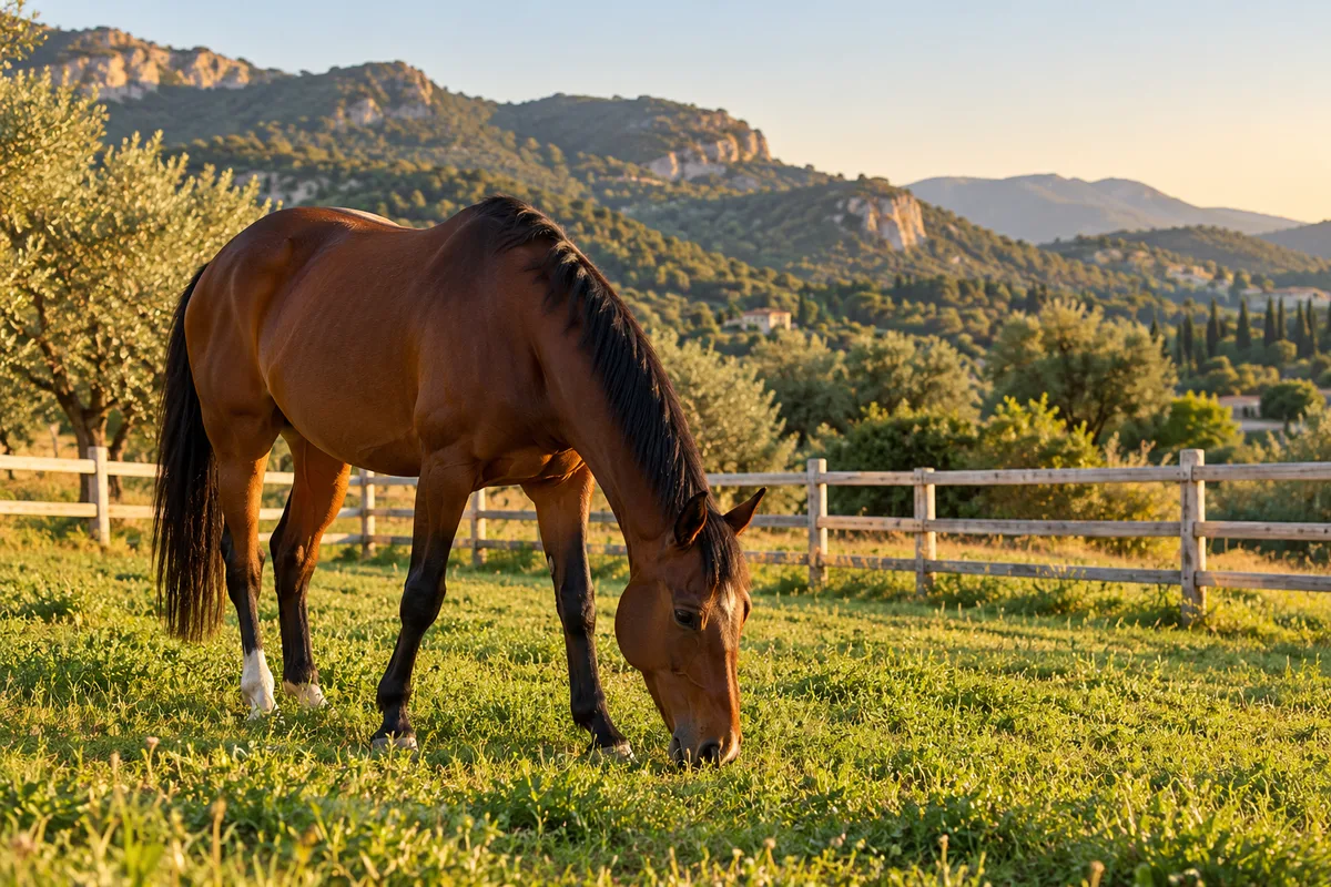 Cheval bai qui broute dans un paddock clôturé de lisses en bois face aux collines de l’arrière-pays