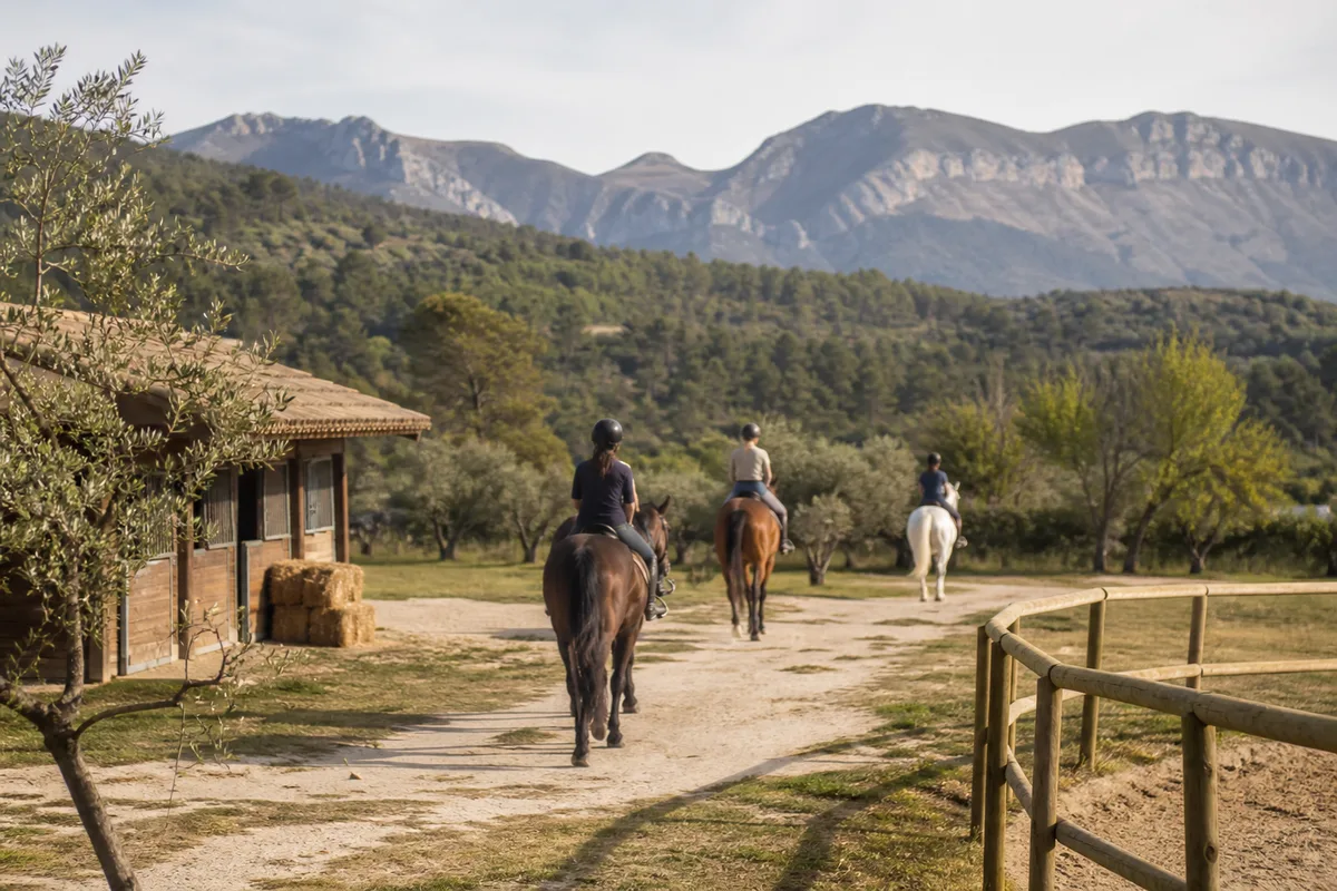 Cavaliers en balade sur un sentier des préalpes avec vue sur les montagnes