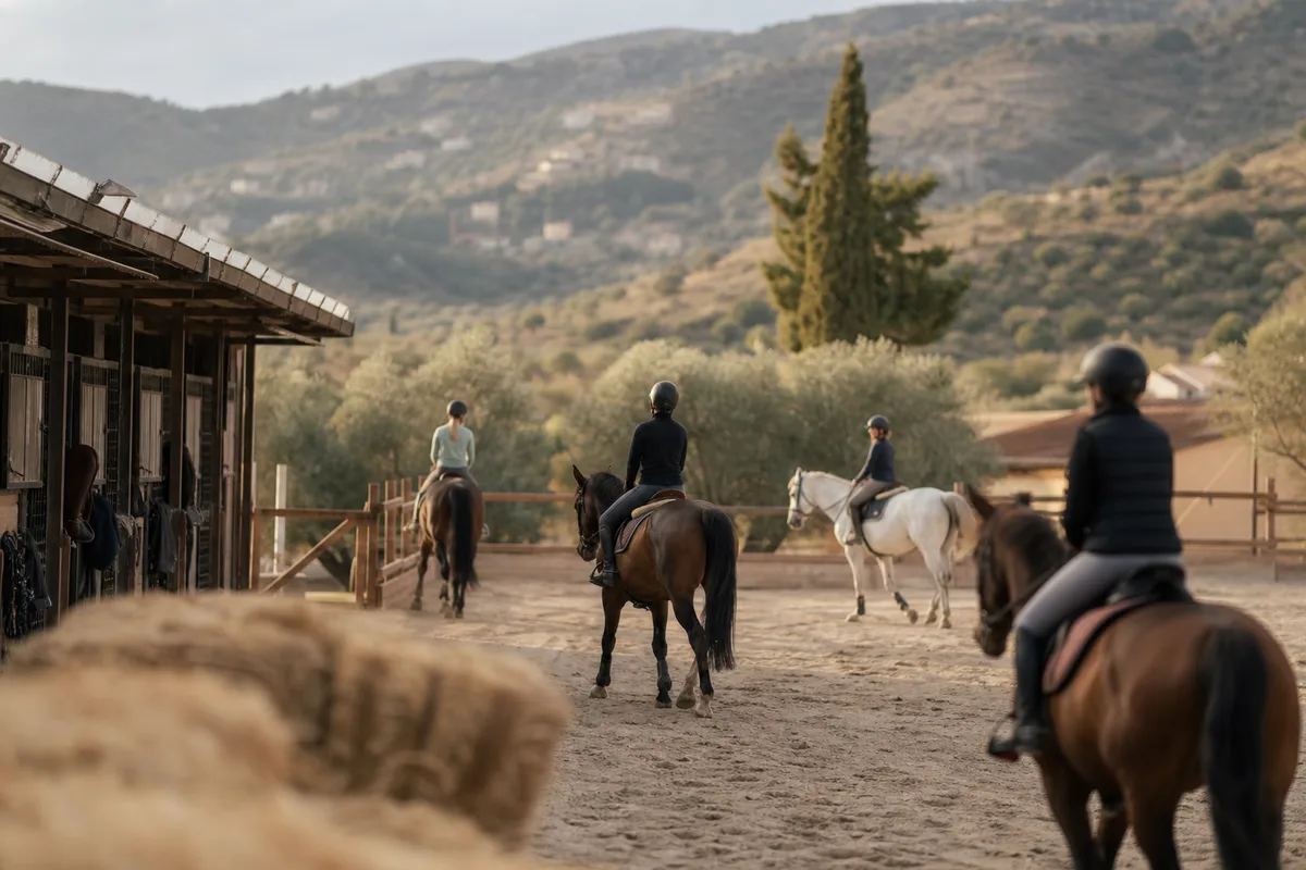 Cavaliers en carrière avec les collines du moyen pays niçois en arrière-plan