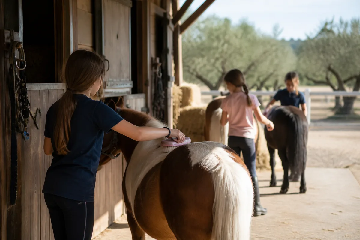 Enfants au pansage de poneys avant une séance en club