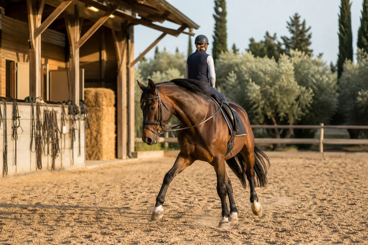 Cheval au travail sur le plat dans une carrière en fin de journée