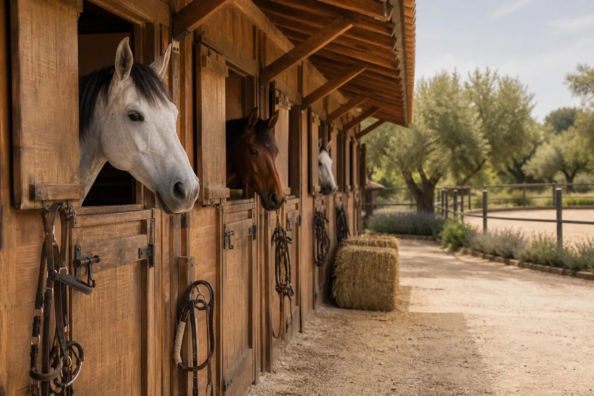 Allée de boxes dans une écurie de propriétaires avec chevaux à la fenêtre