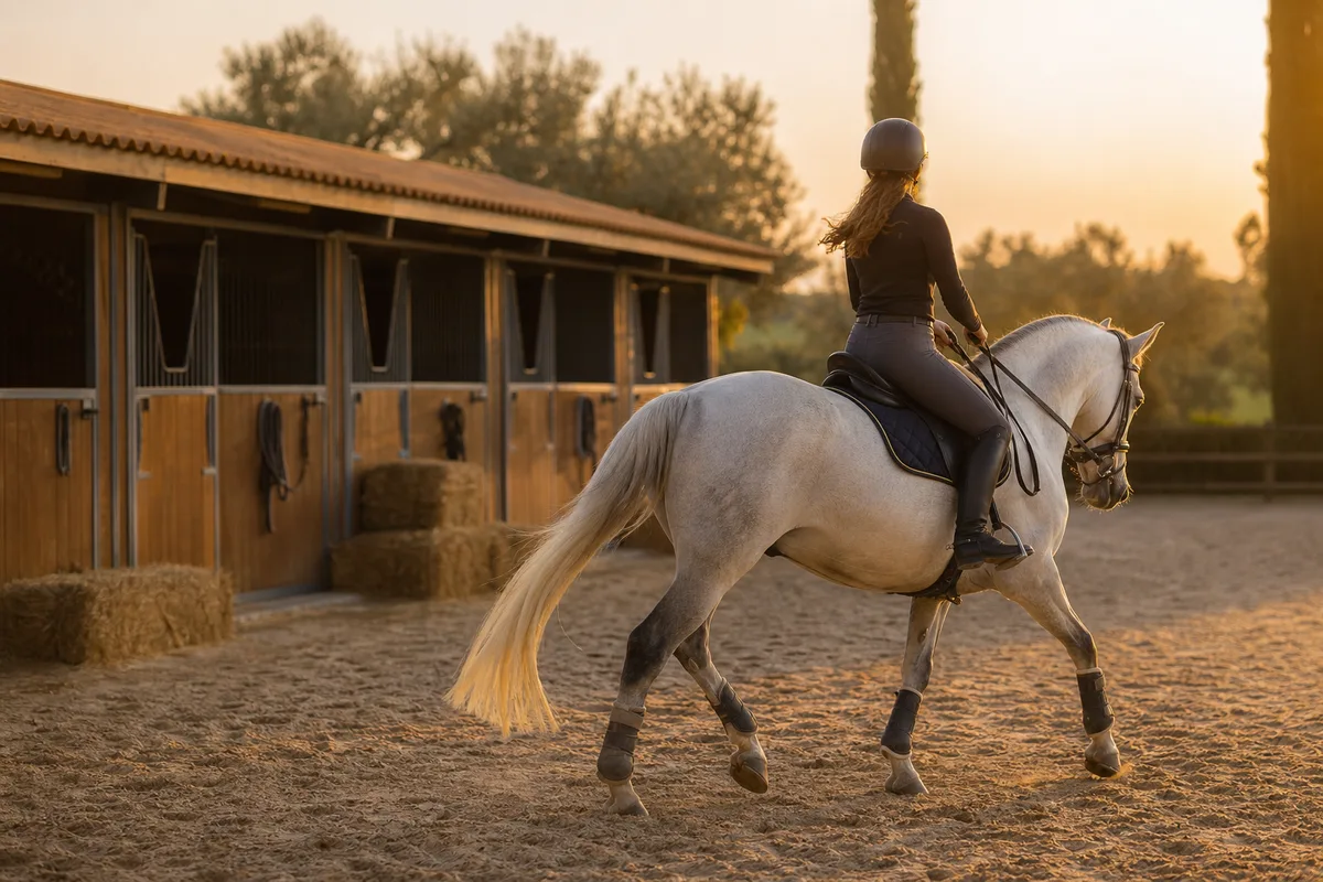 Cavalière au travail dans la carrière d&rsquo;une écurie au coucher du soleil