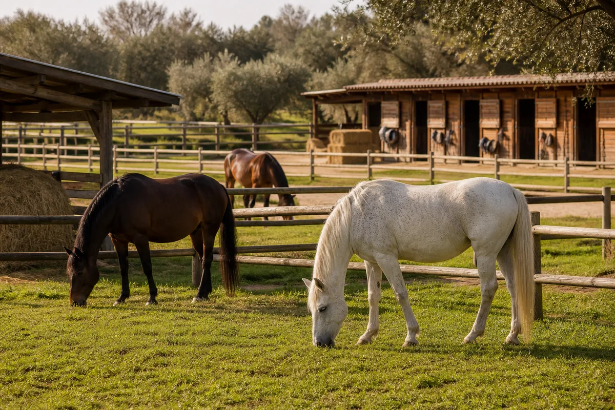 Chevaux au pré dans une pension avec abri et clôtures entretenues